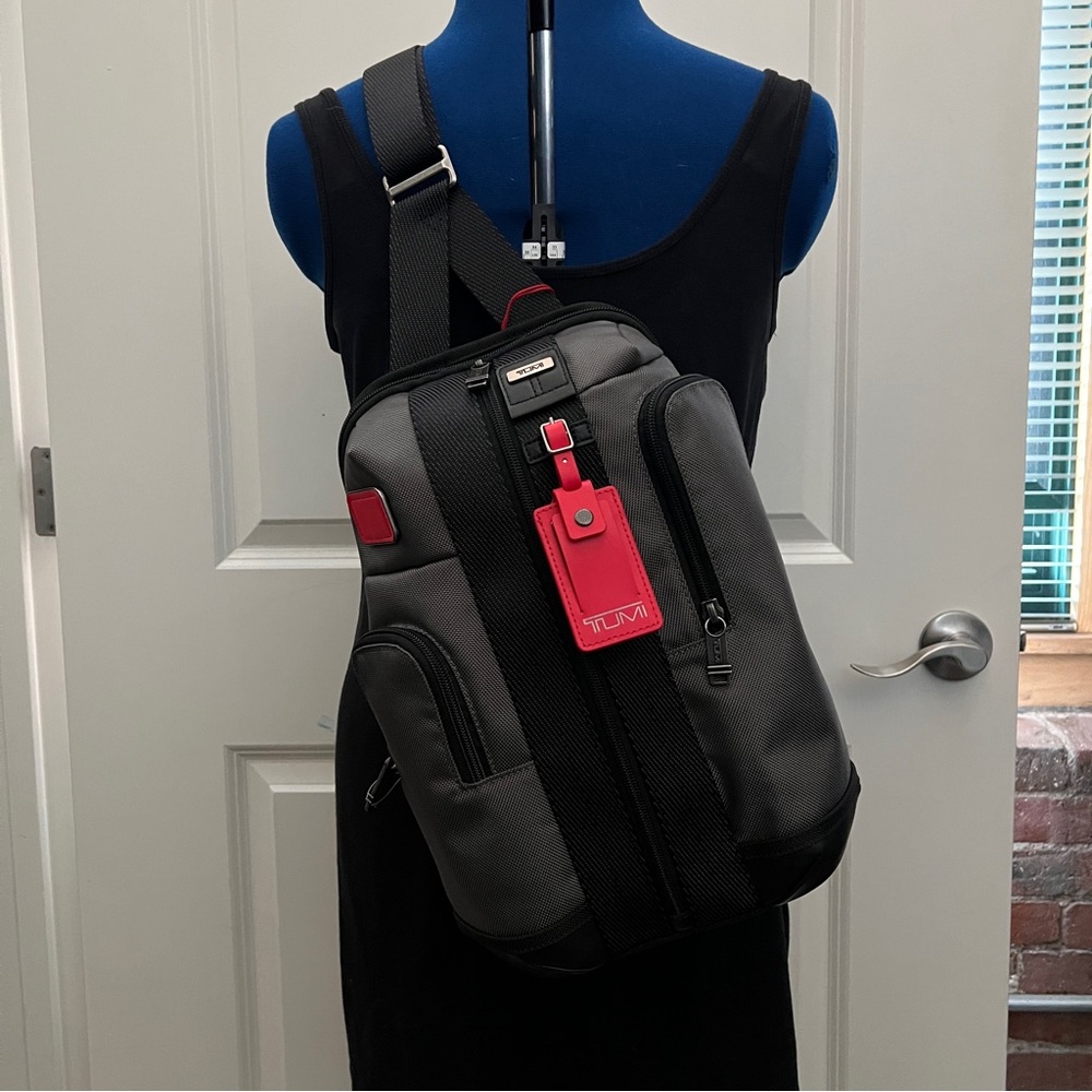 Tumi Gray, Black, and Red Higgins Ballistic Nylon Sling Bag